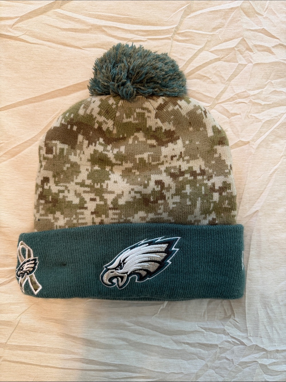 Eagles Green Camo Pom Beanie
